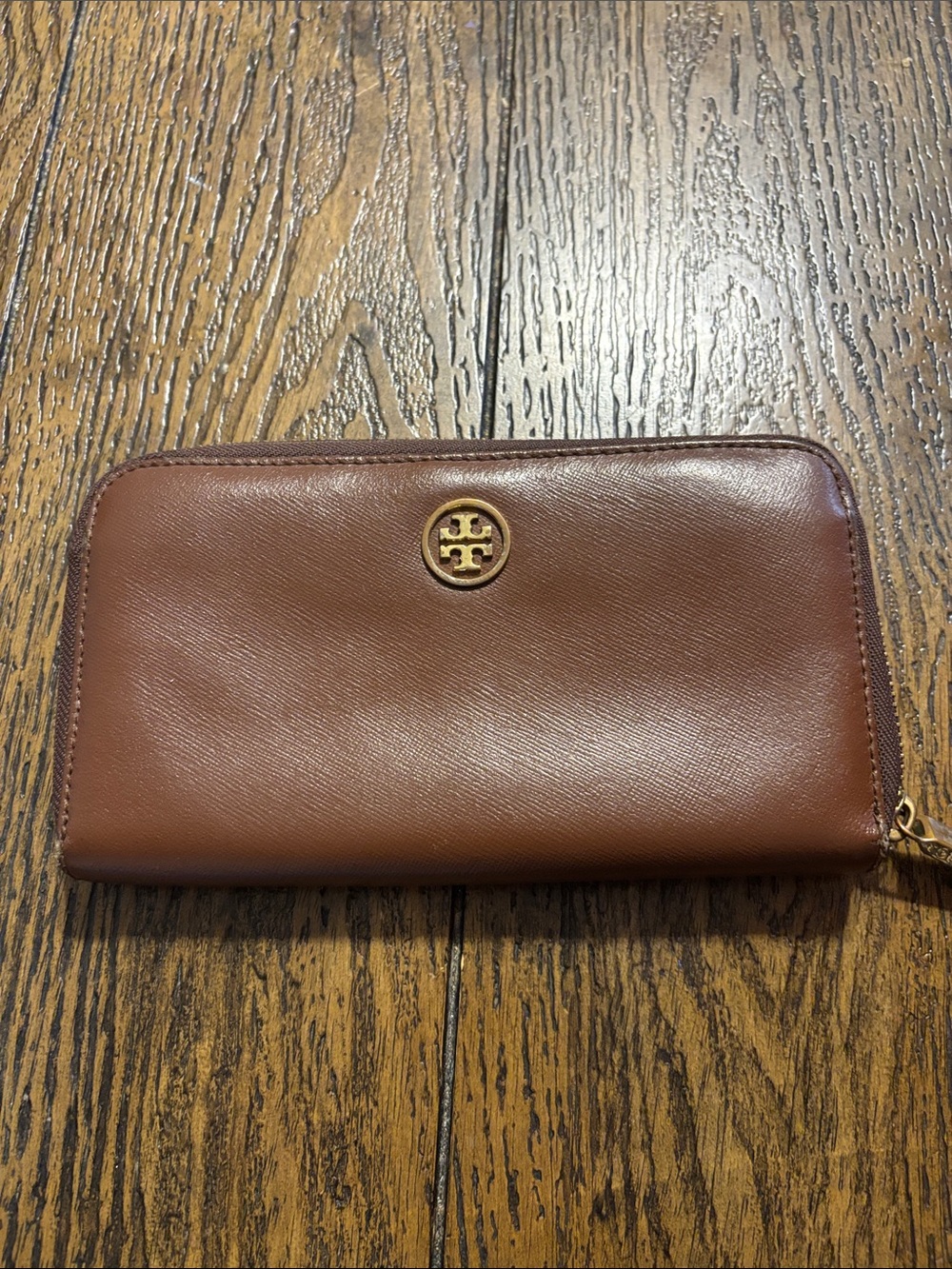 Tory Burch Brown Leather Zip Card Holder with Gold Logo